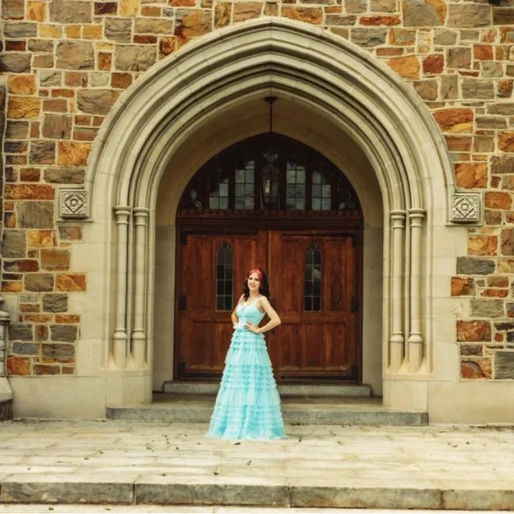 Elegant Light Blue Tiered Chiffon Evening Dress - Women